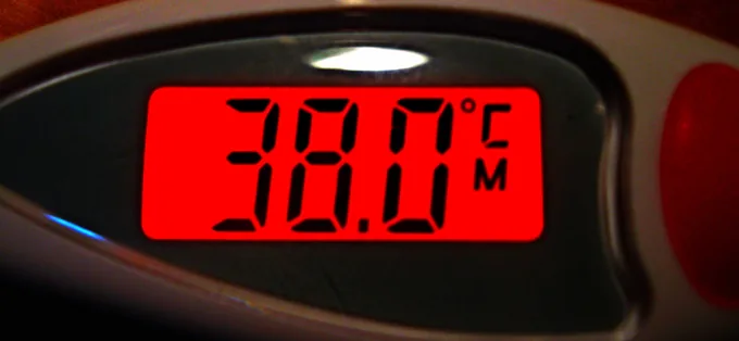 A digital thermometer with a red display reading 38.0 °C
