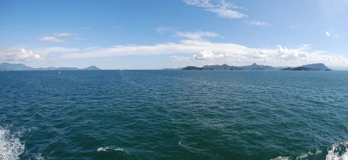 The Seto Inland Sea and a ferry's wake, seen from the deck