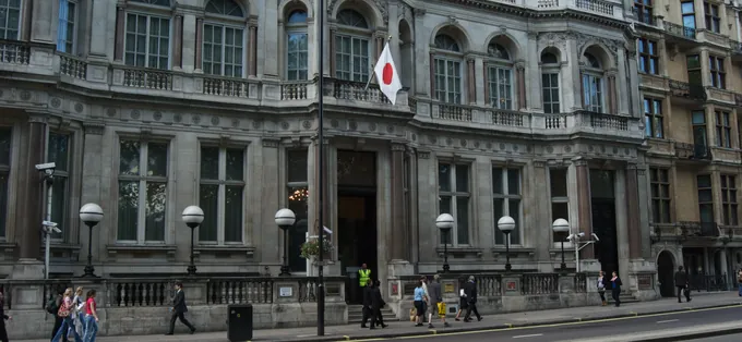 The Embassy of Japan in London, with the Japanese flag on its facade