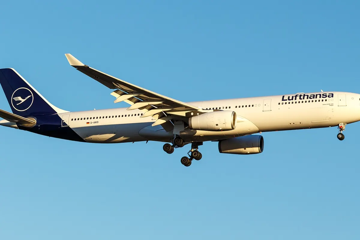 準備降落的Lufthansa A330客機，尾翼為深藍色並有白色鶴標誌