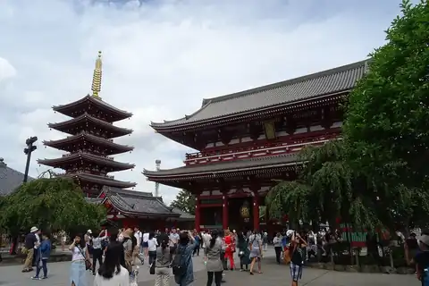Five-storied pagoda and Hōzōmon Gate at Senso-ji Temple in Asakusa, Tokyo, with crowds of visitors in the foreground
