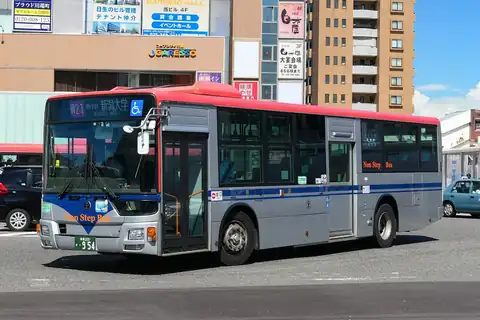 A red-roofed Niigata Kotsu Non Step Bus on an asphalt plaza, with buildings behind it