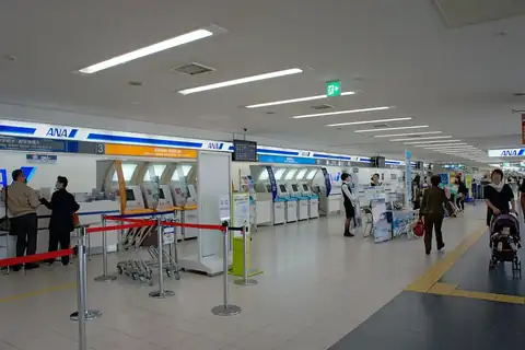 Check-in counters and self-service kiosks inside Kagoshima Airport terminal