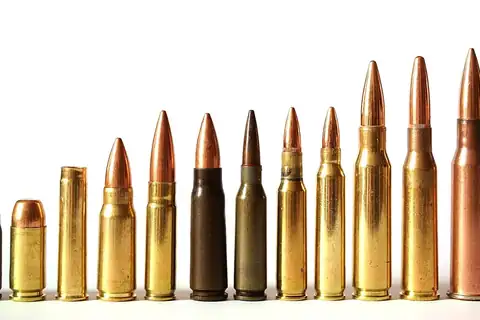 Various bullet cartridges of different calibers arranged in a row from smallest to largest