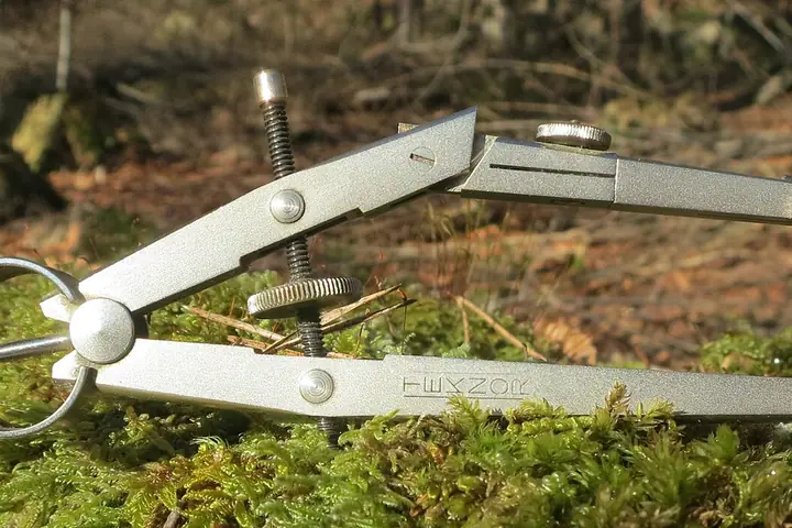 A metal drawing compass with pointed legs resting on moss outdoors