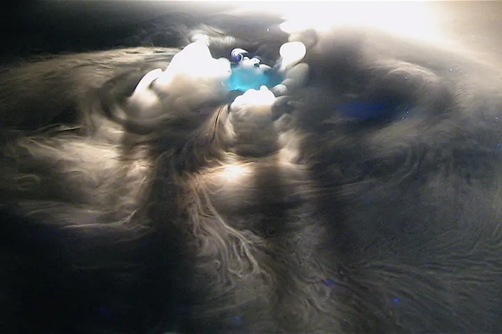 White vapor rising from a dry ice pellet subliming in dark water