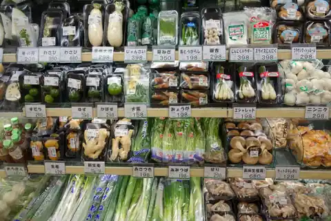 Fresh vegetables in individual packages with price tags on a shelf in a Japanese grocery store