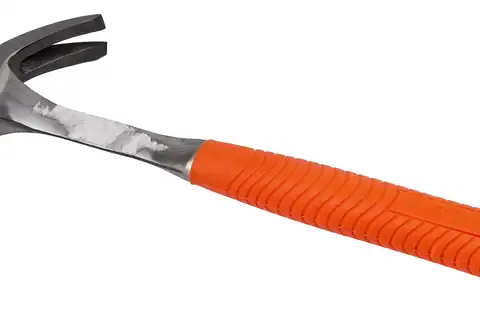 Claw hammer with an orange grip on a white background