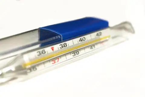 Glass mercury thermometer with a blue cap, scale marked from 36 to 42 degrees and a red indicator arrow