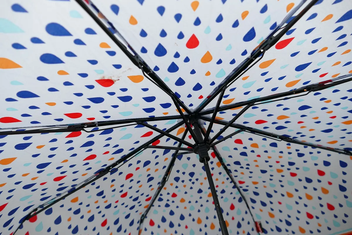 Open folding umbrella with a raindrop print on its white canopy, seen from underneath