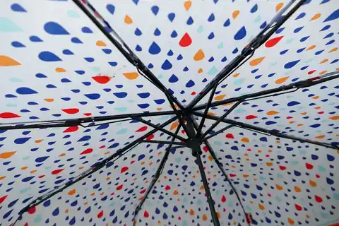 Open folding umbrella with a raindrop print on its white canopy, seen from underneath