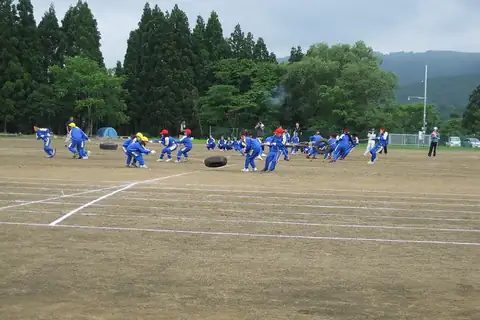 Children in blue uniforms pulling tires with ropes at an elementary school sports day, seen from afar