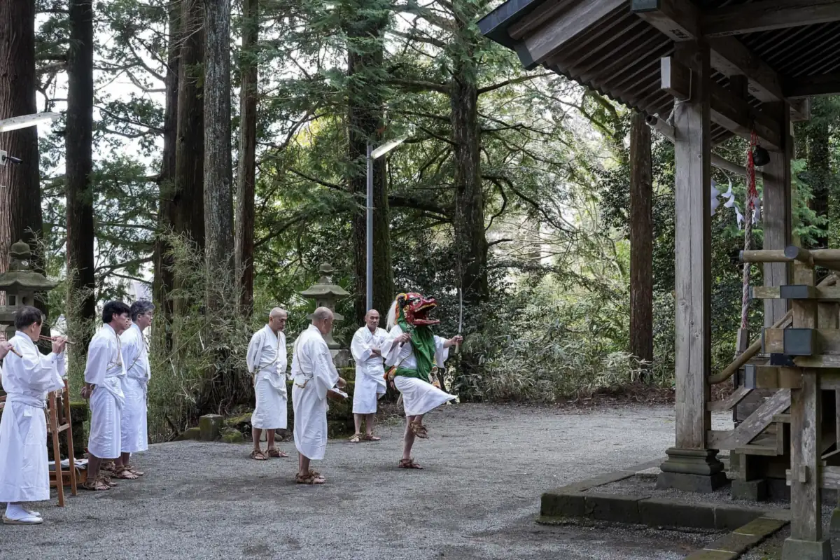 A lion dancer performing at Suwa Shrine in Sengokuhara, Hakone, with white-robed men standing nearby