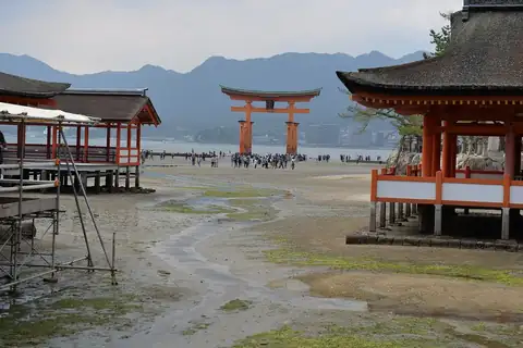 간조 때 갯벌 위에 서 있는 이쓰쿠시마 신사의 도리이, 옆에 보이는 신사의 붉은 건물들