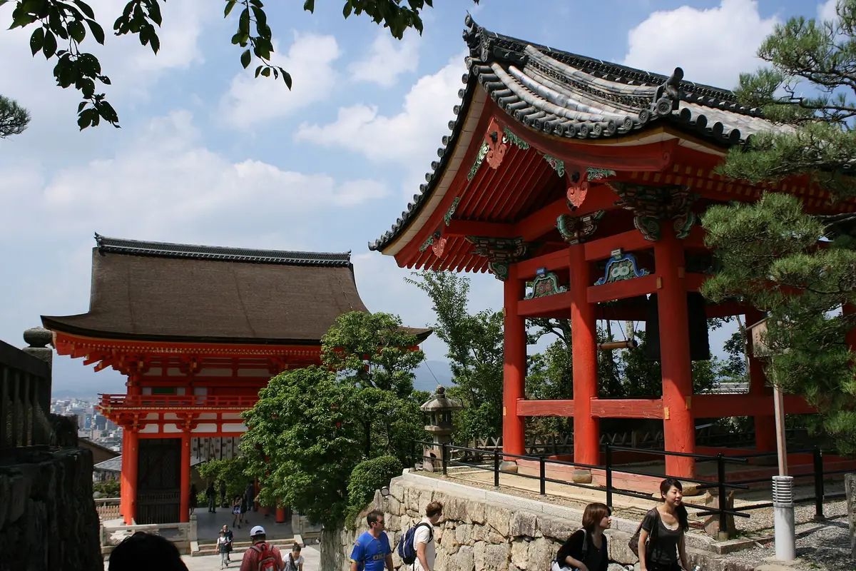 Kiyomizu-dera Temple's red bell tower and Nio-mon gate in Kyoto