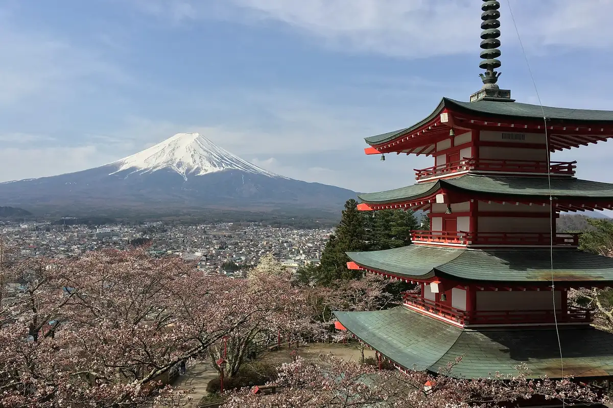 Red Chureito Pagoda with pink cherry blossoms below and snow-capped Mount Fuji behind