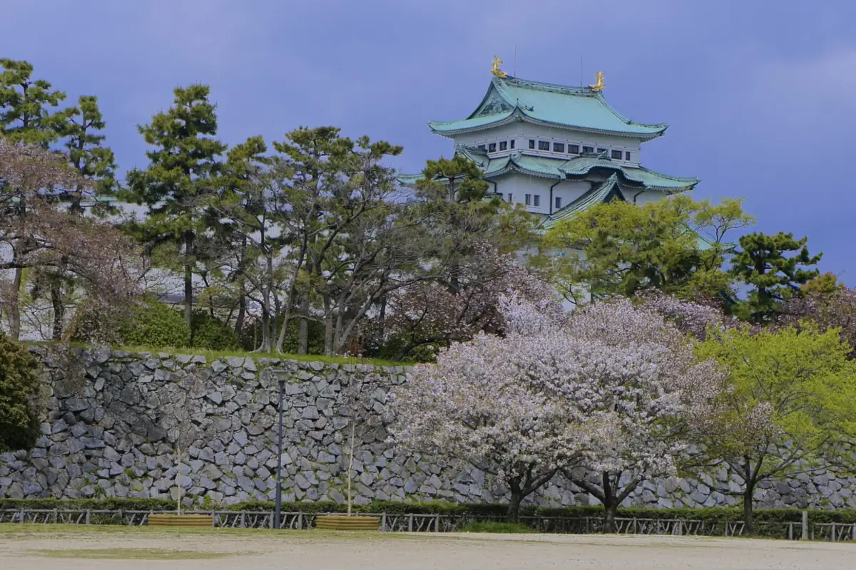 Nagoya Castle rising behind trees and a stone wall, with cherry trees in bloom in the foreground