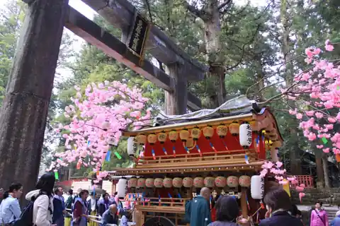 닛코 야요이 축제, 도리이 앞에 등불과 분홍 꽃으로 장식된 축제 수레