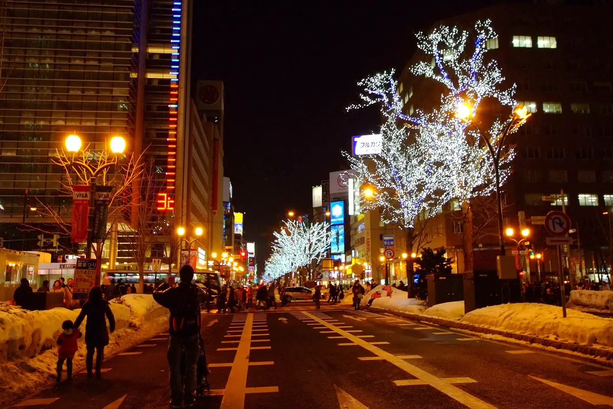 A night street in Sapporo with trees decorated in white lights and snow piled along the road edges