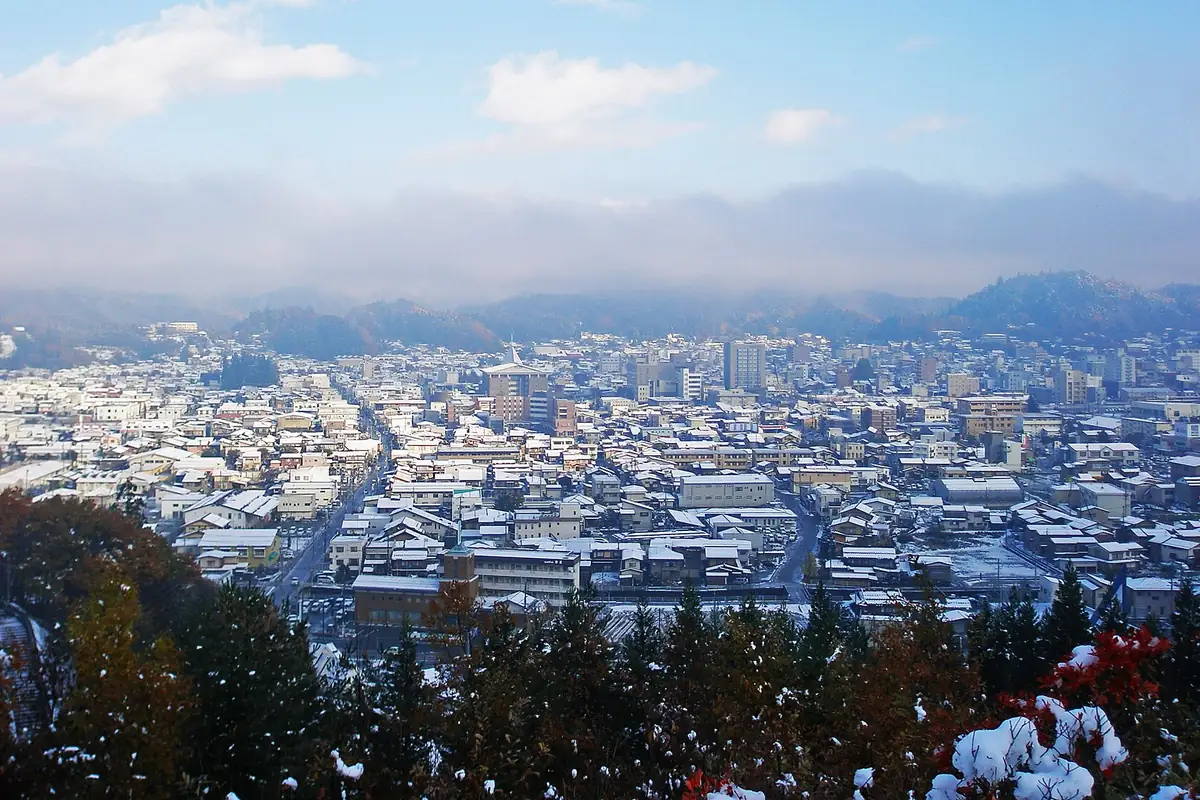 高台から見た高山の市街。雪に覆われた屋根と通り