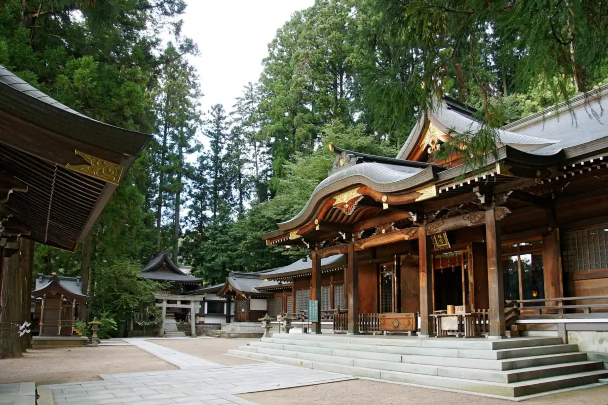 Main hall of Sakurayama Hachiman Shrine in Takayama, with stone steps in front and tall green trees around