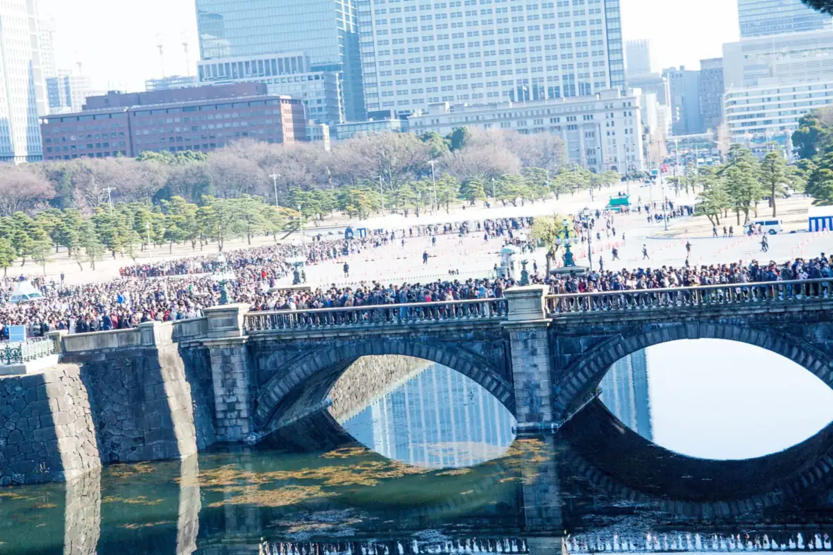 Large crowds on the stone bridge to the Imperial Palace for the New Year greeting in Tokyo
