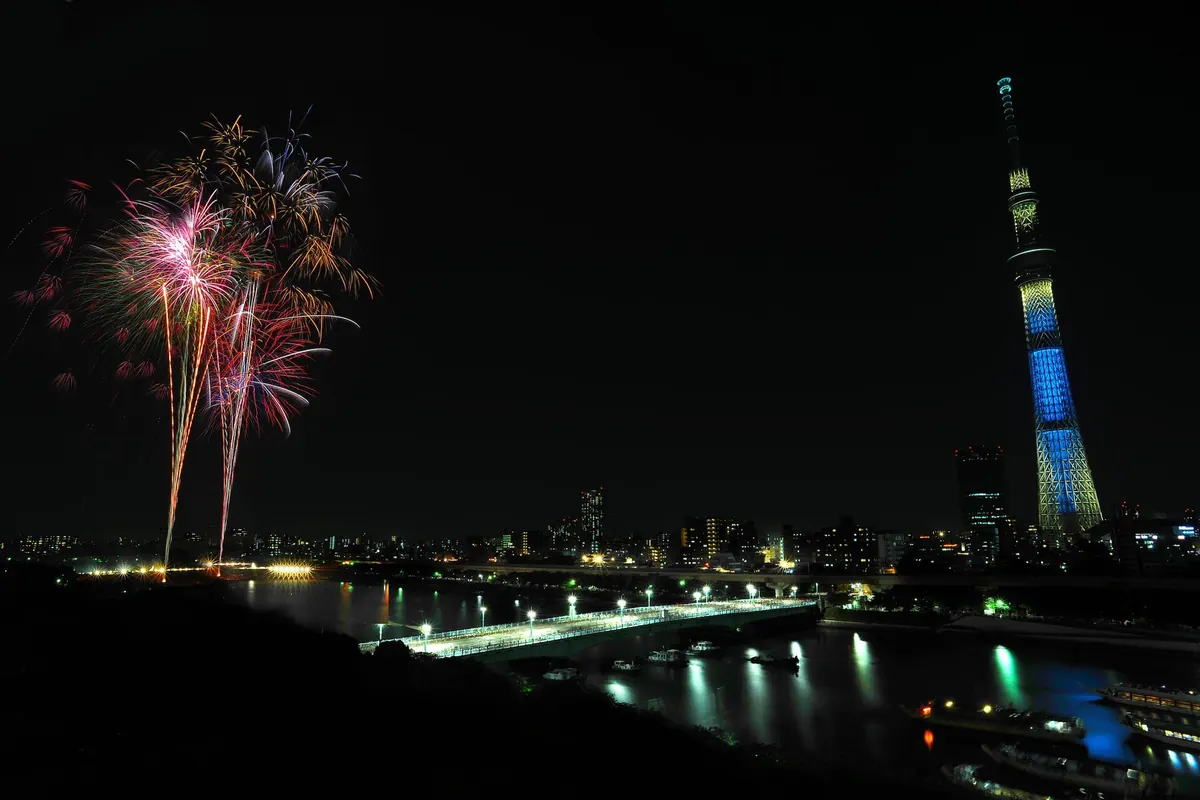 Fireworks bursting over a night river with the blue-lit Tokyo Skytree and bridge lights