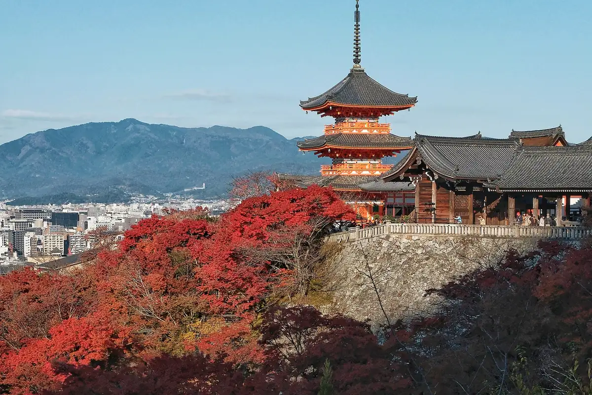 京都清水寺的三重塔，前景是紅色楓樹，遠處是城市與群山