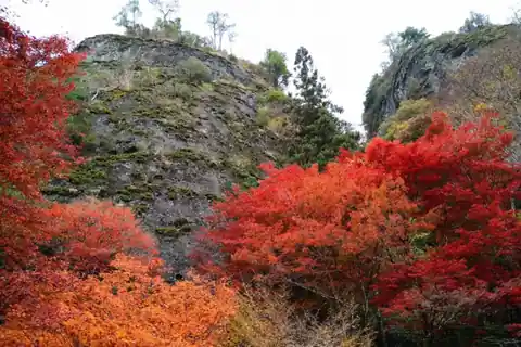 Red and orange autumn maples below rocky cliffs at Furuiwaya in Kumakogen, Ehime