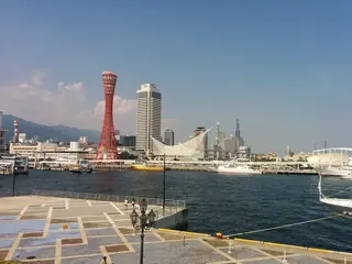 Kobe Port Tower and the harbour at Meriken Park on a clear day.