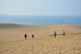 Four people walking across the Tottori Sand Dunes toward the Sea of Japan under a pale sky.