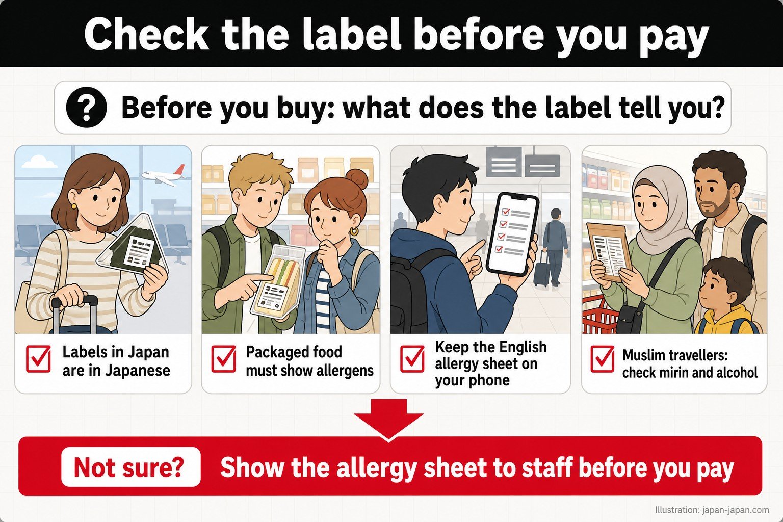 Check the label before you pay. Before you buy: what does the label tell you?. Labels in Japan are in Japanese. Packaged food must show allergens. Keep the English allergy sheet on your phone. Muslim travellers: check mirin and alcohol. Not sure?. Show the allergy sheet to staff before you pay. Illustration by japan-japan.com — a checklist before you go.
