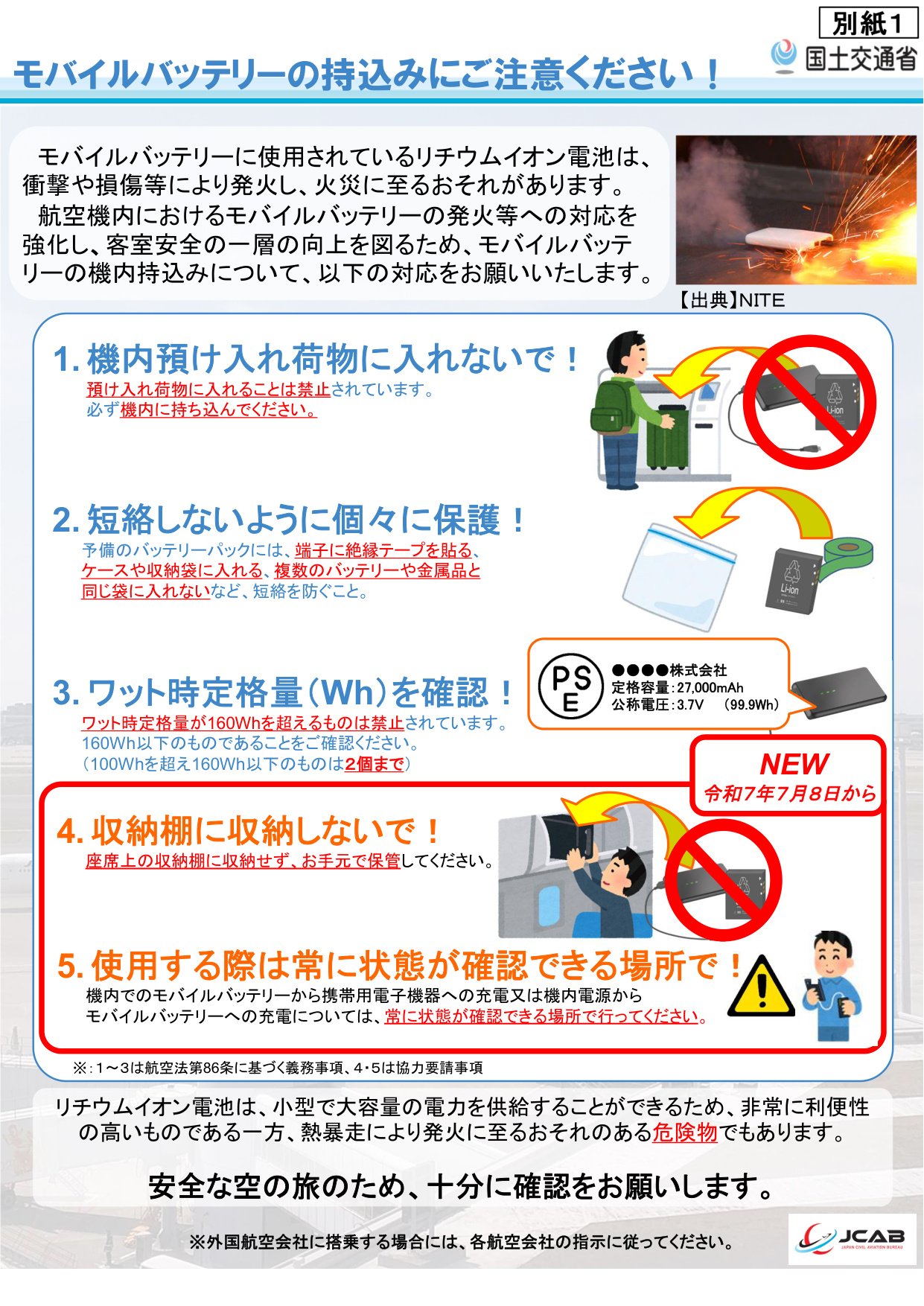報道発表資料:モバイルバッテリーを収納棚に入れないで!<br>~7月8日から機内での取扱いが変わります~ - 国土交通省 (attachment, p.2)
