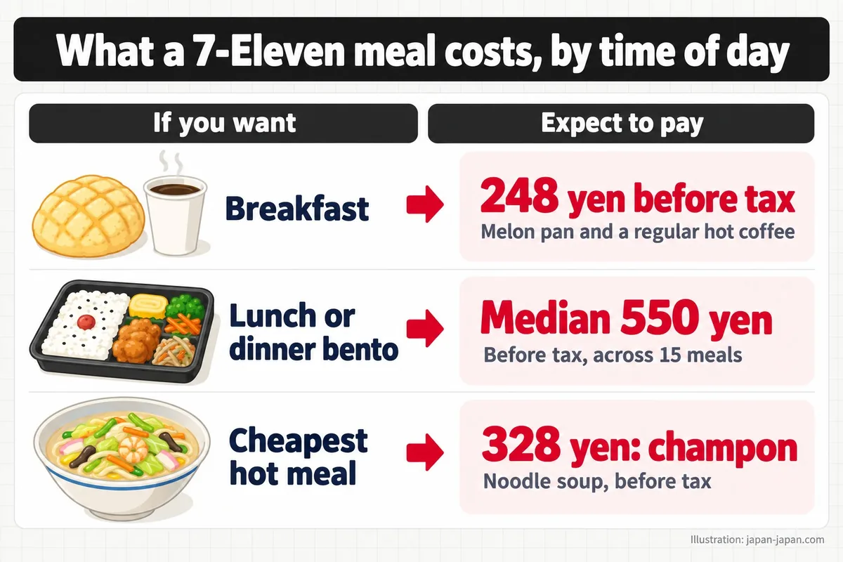 What a 7-Eleven meal costs, by time of day. If you want. Expect to pay. Breakfast. 248 yen before tax.