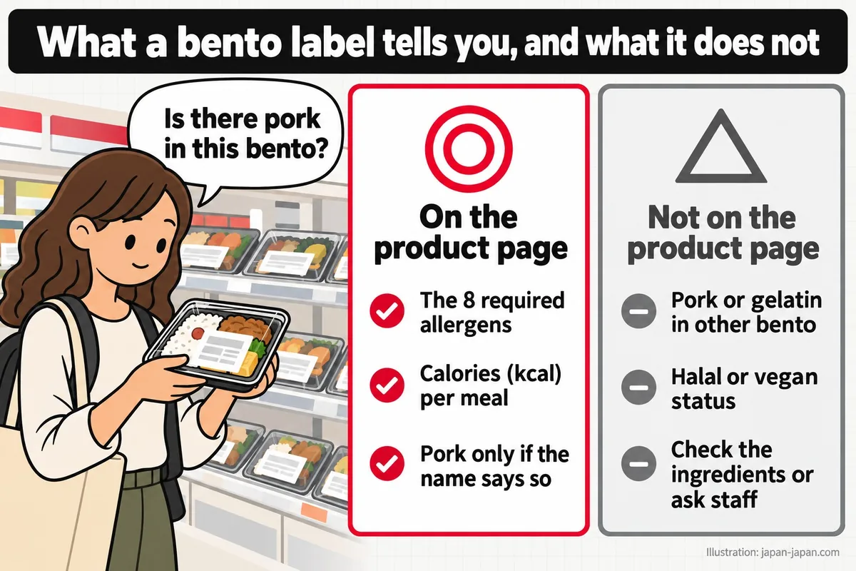 What a bento label tells you, and what it does not. Is there pork in this bento? On the product page.