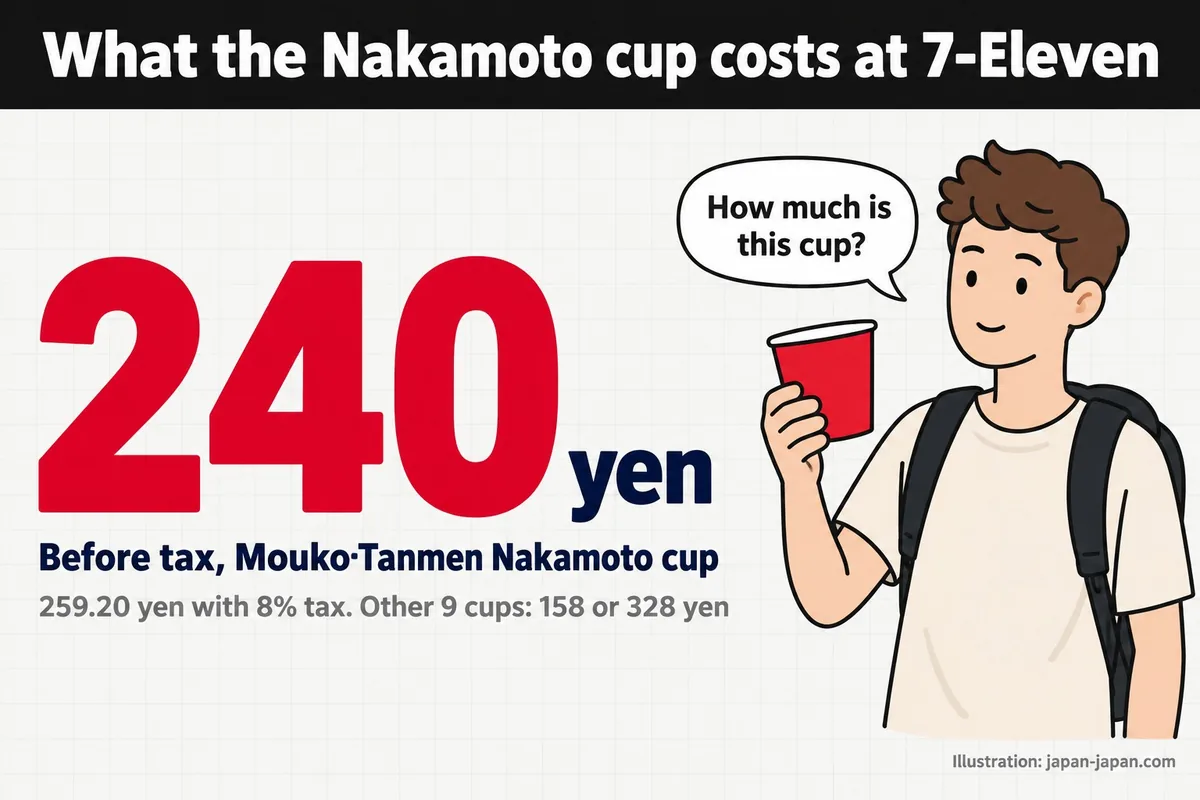 What the Nakamoto cup costs at 7-Eleven. 240yen. Before tax, Mouko Tanmen Nakamoto cup. 259.20 yen with 8% tax.