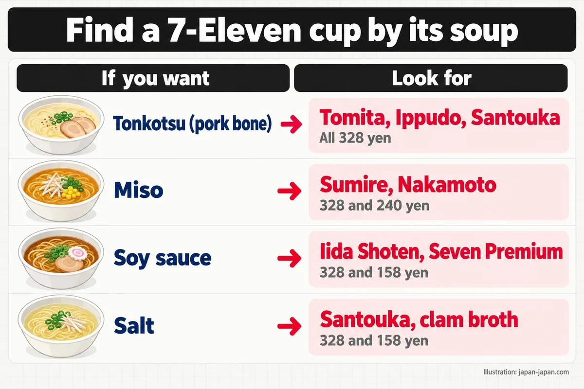 Find a 7-Eleven cup by its soup. If you want. Look for. Tonkotsu (pork bone). Tomita, Ippudo, Santouka. All 328 yen. Miso.