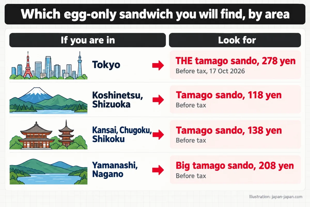 Which egg-only sandwich you will find, by area. If you are in. Look for. Tokyo. THE tamago sando, 278 yen.