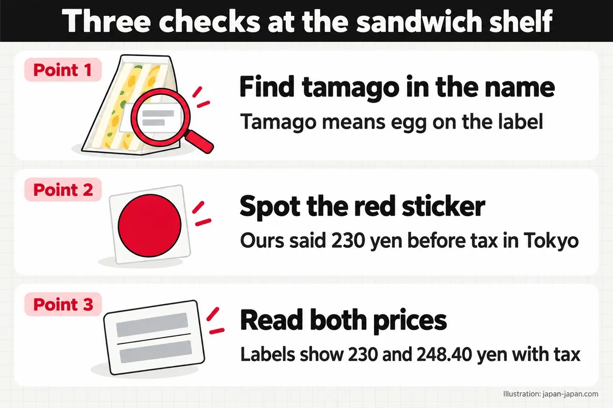 Three checks at the sandwich shelf. Point 1. Find tamago in the name. Tamago means egg on the label. Point 2.