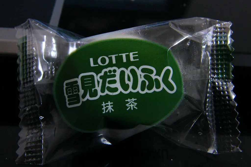 A Lotte Yukimi Daifuku matcha-flavoured mochi ice cream in its packaging