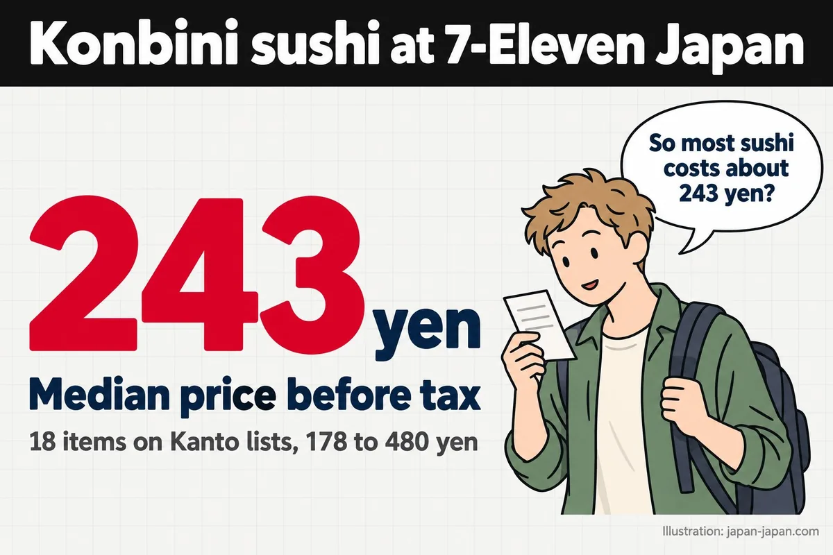 日本7-Eleven便利店寿司。243日元。税前中位价格。关东列表上18款，178至480日元。