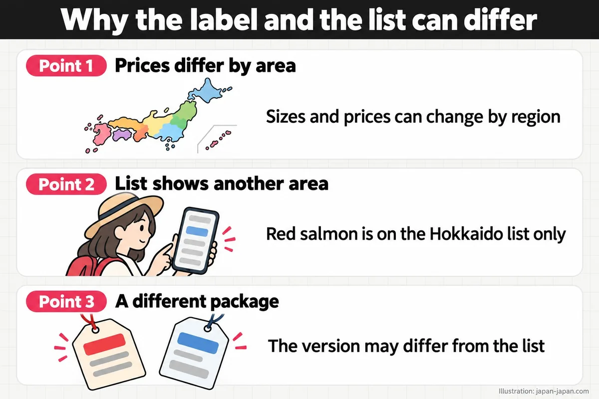 Why the label and the list can differ. Point 1. Prices differ by area. Sizes and prices can change by region. Point 2.