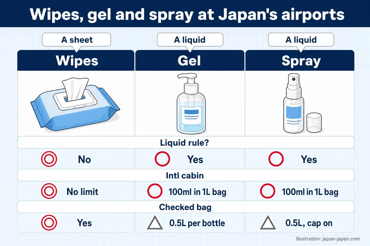 日本机场对湿巾、凝胶和喷雾的处理对比：只有凝胶和喷雾在客舱内要遵守100ml液体规定