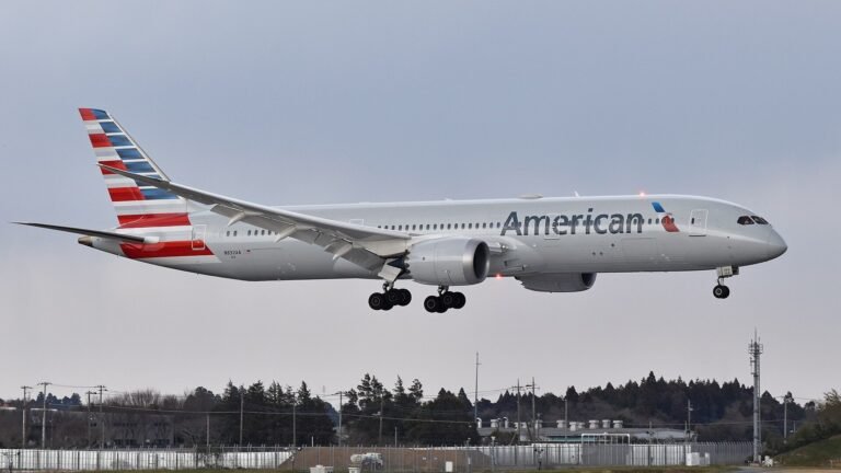 An American Airlines Boeing 787 approaching to land with landing gear down, trees and an airport perimeter fence below