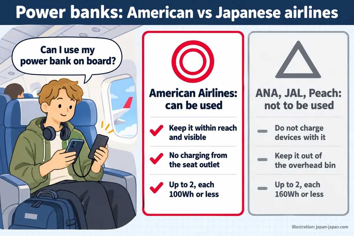 Power banks: American vs Japanese airlines. Can I use my power bank on board? American Airlines: can be used.