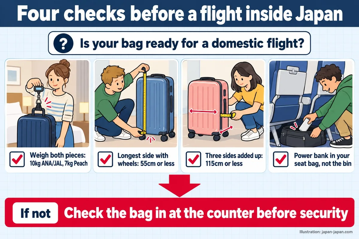 Four checks before a flight inside Japan. Is your bag ready for a domestic flight? Weigh both pieces: 10kg ANA/JAL