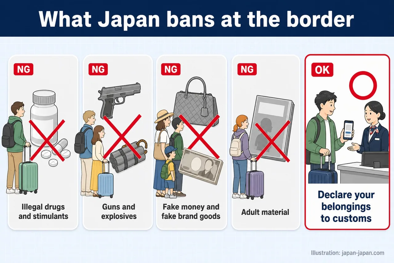 日本が持ち込みを禁止している4つのもの。違法薬物。銃器と爆発物。偽造通貨と偽ブランド品。わいせつ物。