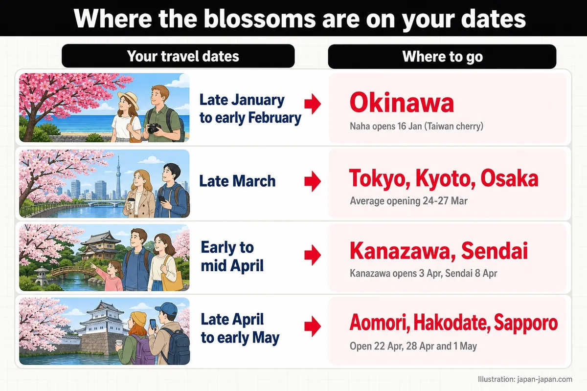 Where the blossoms are on your dates. Your travel dates. Where to go. Late January to early February. Okinawa.
