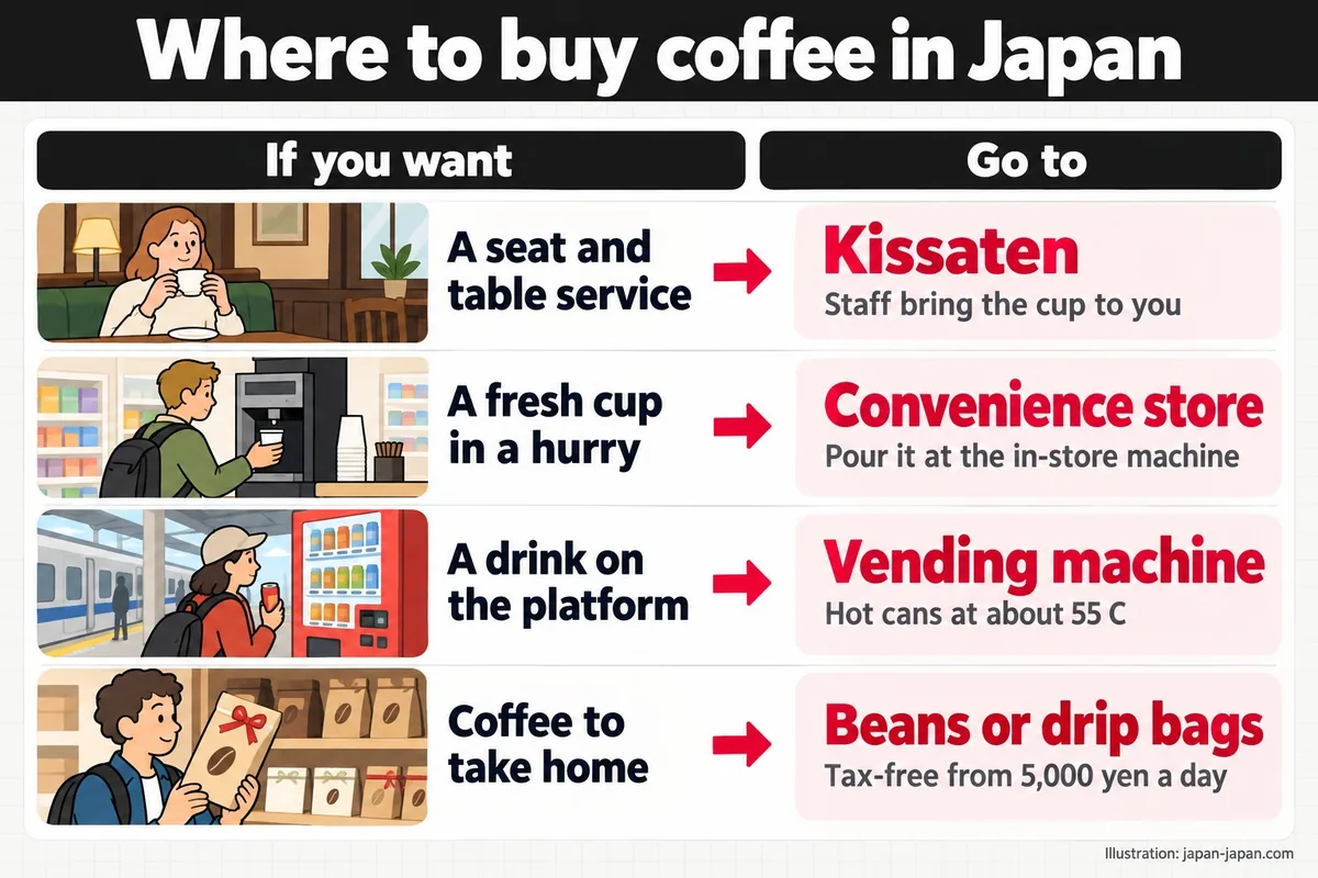 日本でコーヒーを買う場所。したいことに応じて行き先がわかる図。席とテーブルサービス。喫茶店。店員がコーヒーを運んでくれる。