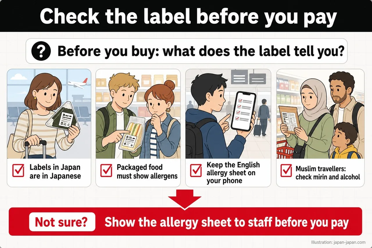 付款前查看食品标签:过敏原用日文标示,所以要在手机里存好英文版过敏沟通表